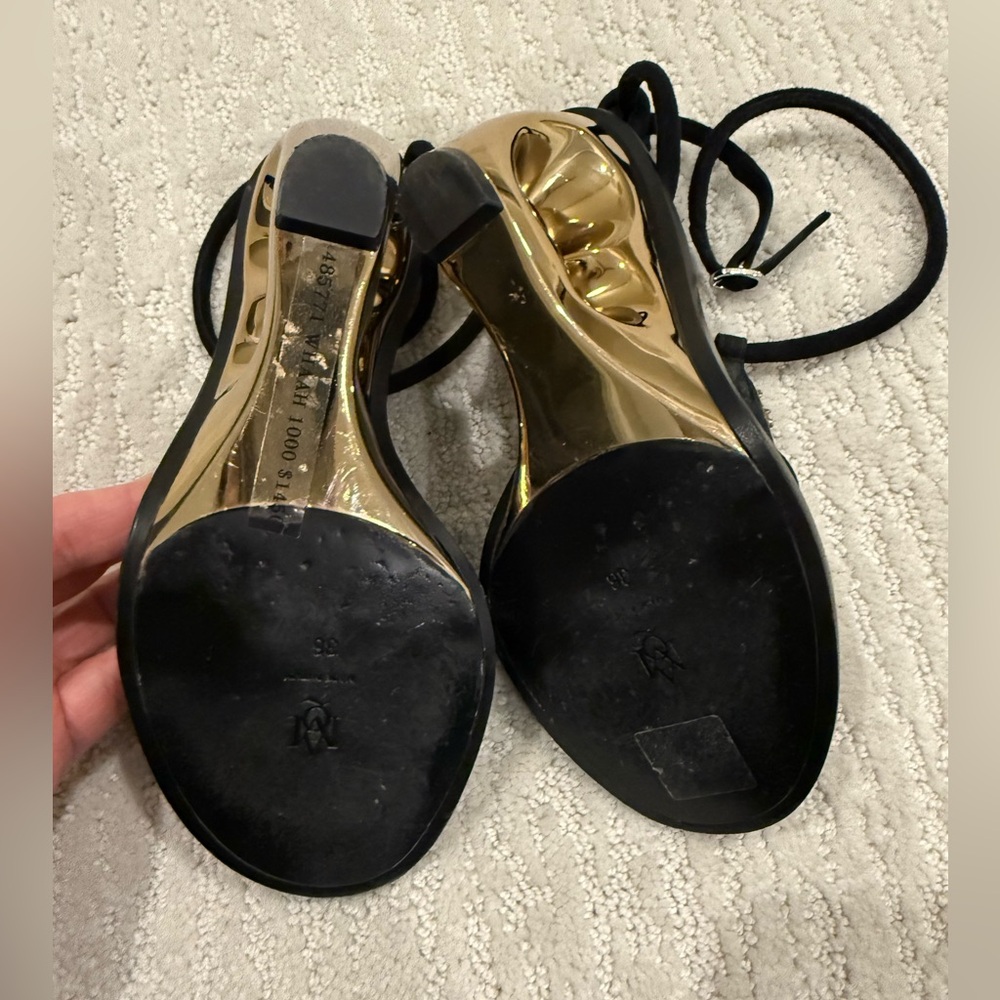 Alexander McQueen Black Suede T-Strap Wedge Sandals with Gold Sculpted Heel - Picture 11 of 15